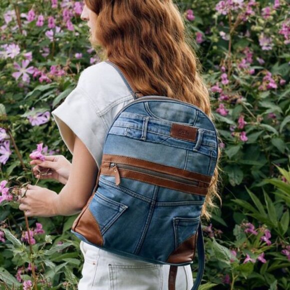 Myra Bag Handbags - Myra Bag Janesa Upcycled Denim Leather Patchwork Backpack Blue Brown Boho SNWT